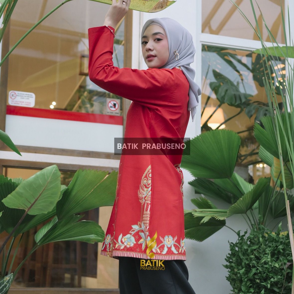 Batik Prabuseno - MONICA Tunik Batik Wanita Lengan Panjang Katun Printing Premium Lapis Trikot Batik
