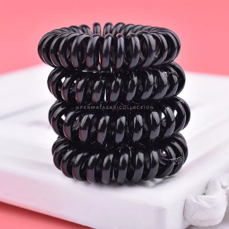 Ikat Rambut Elastis / Kunciran Spiral / Kuncir Kabel Telepon / Hair Ties Telephone Hitam Kecil Besar