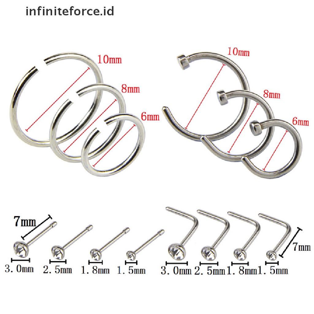 14pcs / Set Cincin Hoop Tindik Tubuh Hidung Bahan Stainless Steel