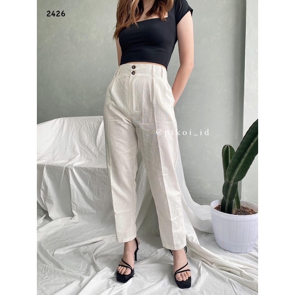 Celana Highwaist / Celana panjang wanita katun linen / celana wide leg hitam putih / celana tinggi