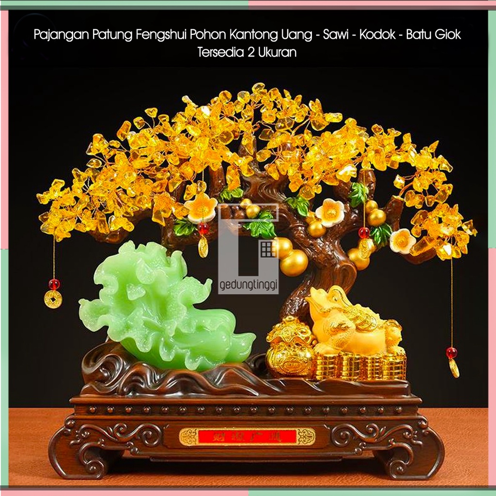 Patung Pajangan Hiasan Meja Kantor Aesthetic Benda Gelang Fengshui Fengsui Feng Shui Pohon Tree Tanaman Labu Bambu Sri Dewa Dewi Rejeki Rezeki Hoki Sawi Putih Kodok Kodokan Katak Gigit Kantong Uang Duit Coin Emas Gold Keberuntungan Giok Resin Decoration