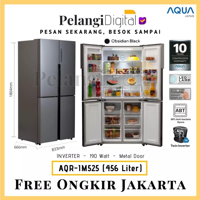 AQUA Kulkas 4 Pintu Side By Side Inverter - Pintu Metal Hitam - 456 Liter - AQR-IM525 / IM525AM