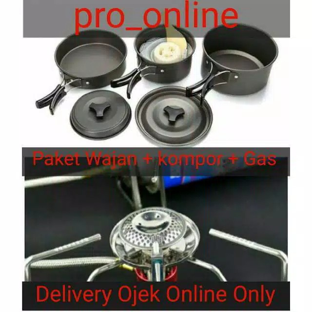 Paket Hemat Komplit 3 Wajan Kompor &amp; Gas Cooking Set DS300 &amp; Stove KL S1 Camping Outdor