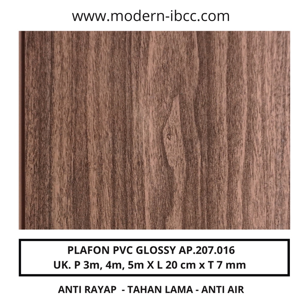 Plafon PVC Glossy Lebar 20 cm AP.207.016 Motif Kayu Dekorasi Atap Rumah Modern Minimalis