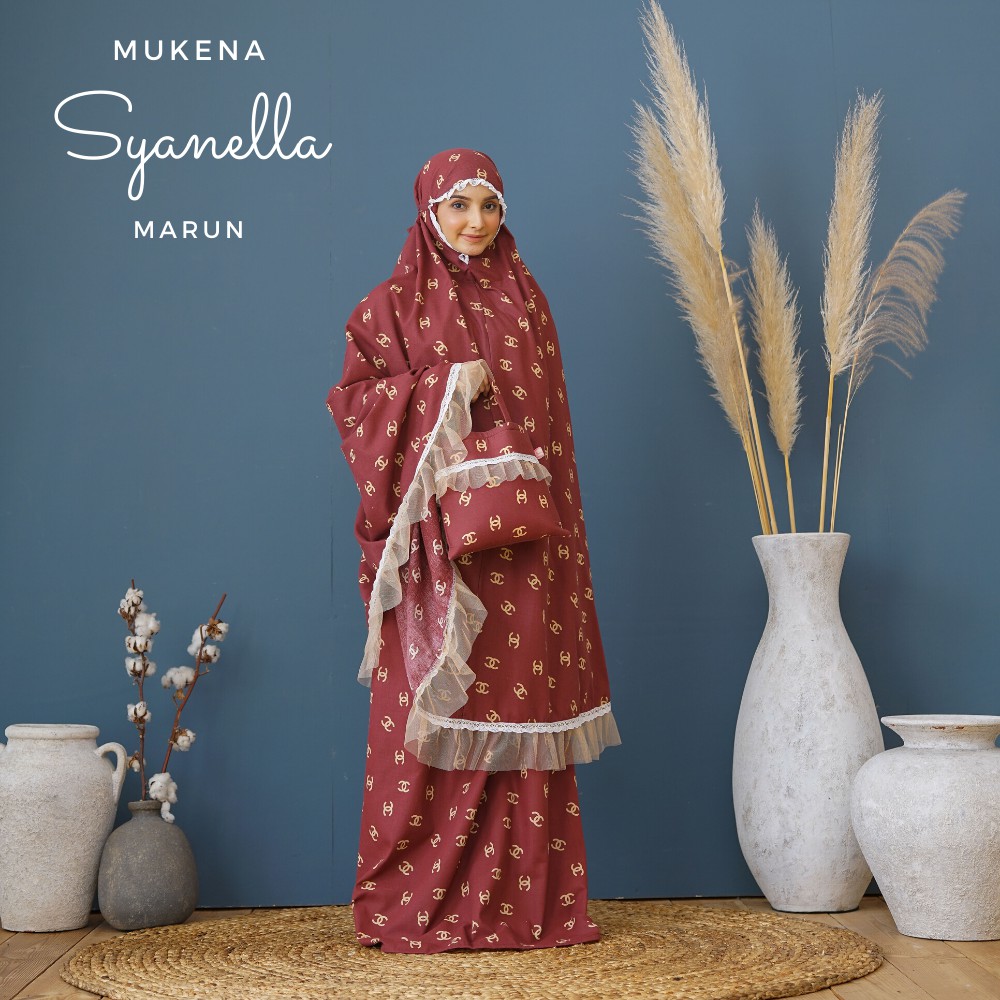 Nanoystore - Mukena Dewasa Katun Rayon Premium Motif Printing Syanella List Renda Warna Maroon