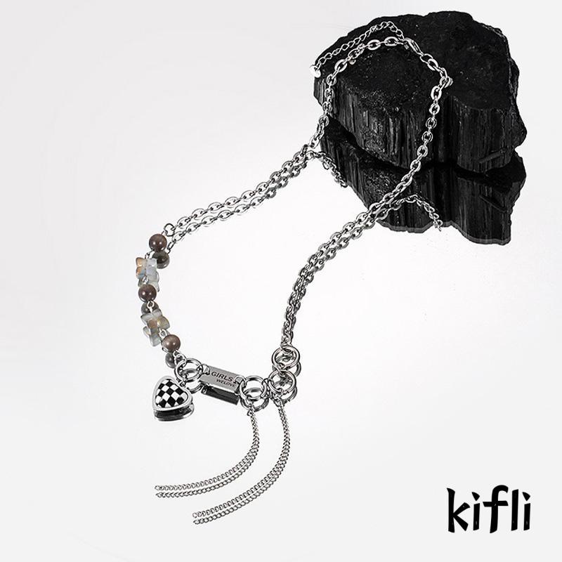 Kalung Rantai Bentuk Hati Motif Kotak-Kotak Gaya Hip hop Untuk Wanita