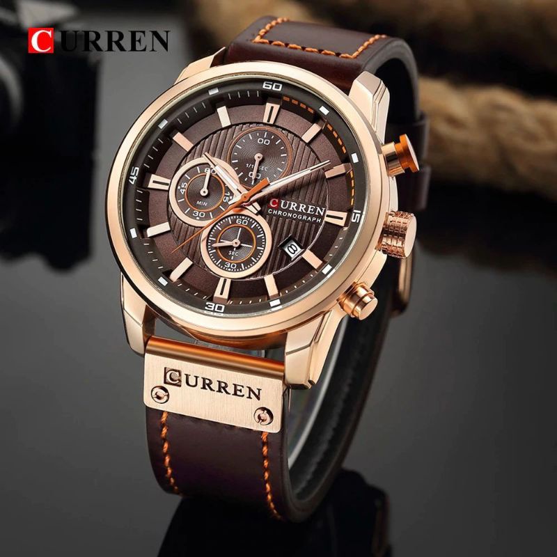 CURREN 8291 Jam Tangan Pria Analog Tali Kulit Chronograph Aktif CURRENOS
