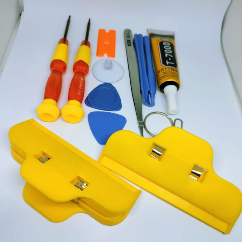 satu set lengkap service handphone - 1 set obeng + 2 penjepit lcd dan satu lem T7000 15ml hitam
