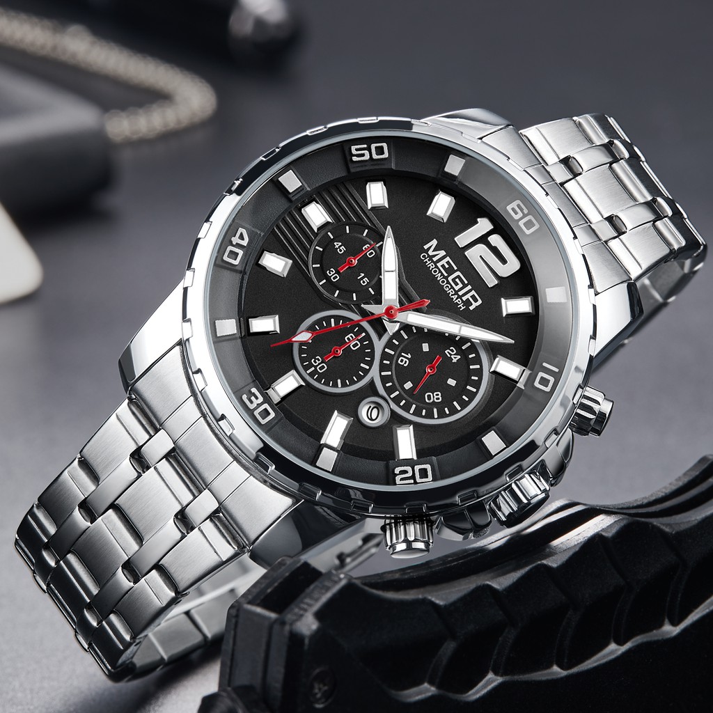 MEGIR 2068 Jam Tangan Pria Analog Chronograph Tali Stainless Luminous WATCHKITE WKOS