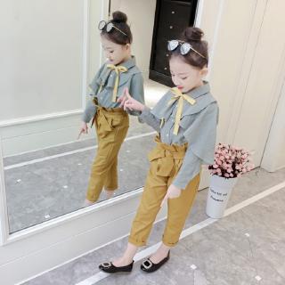 Set 2Pcs Baju Atasan  Lengan Panjang Hiasan Pita dan  Celana  