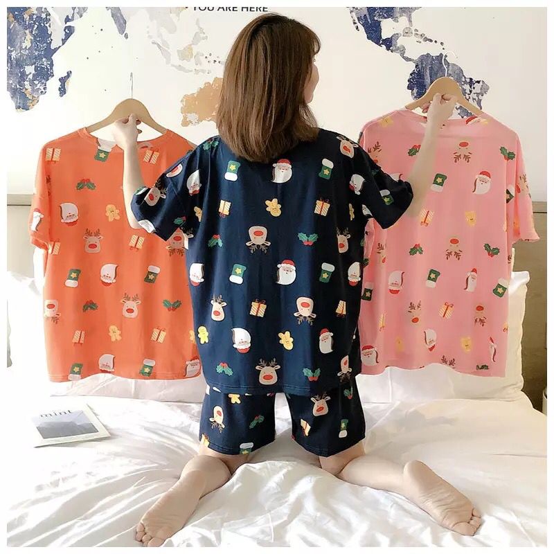 Blackpink Pakaian Wanita Set Baju Tidur Wanita Piyama Lengan Pendek Import Motif Kartun Fit to XXL 4019