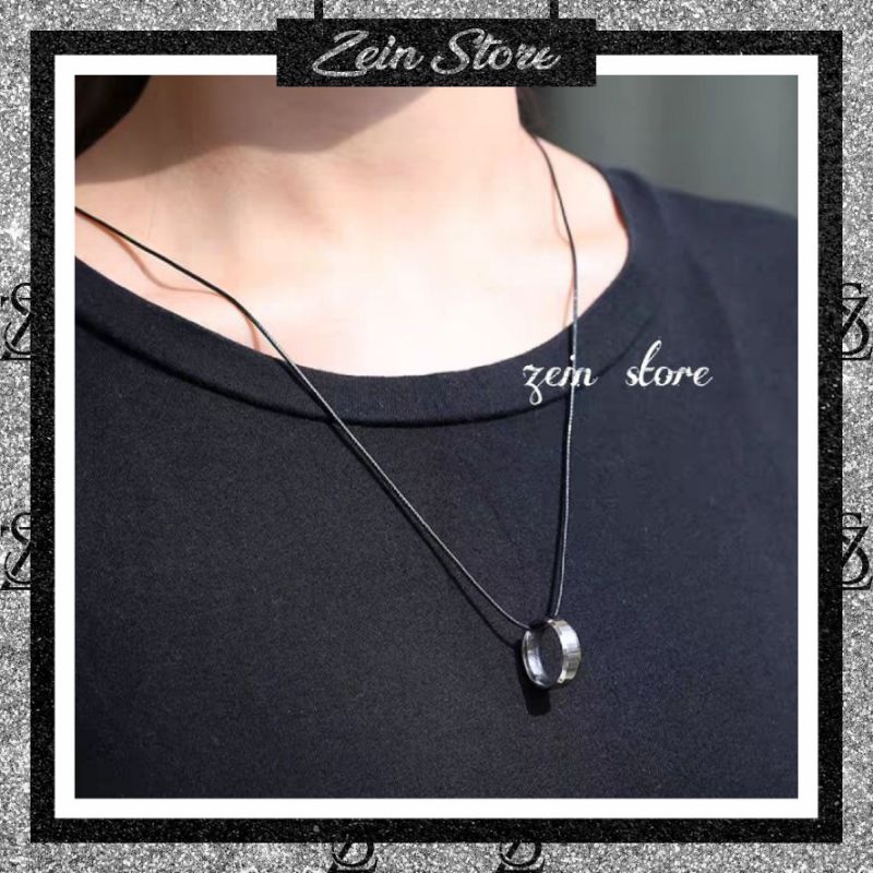 Kalung Tali Hitam Pria Wanita Liontin Cincin Titanium Cowok Cewek Anti Karat Dan Tidak Luntur