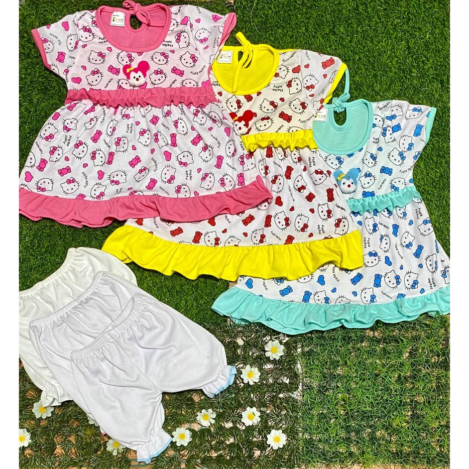 baju anak perempuan dress motif hello kity setelan 3-18bulan