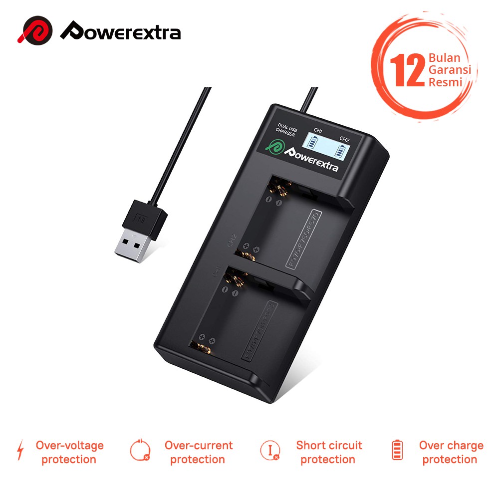 Powerextra Smart LCD Dual Charger NP-F970 NP-F570 BC-V615