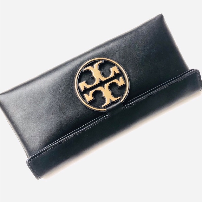 Tory Burch Clutch Hand Bag Black Gold Logo TB 062