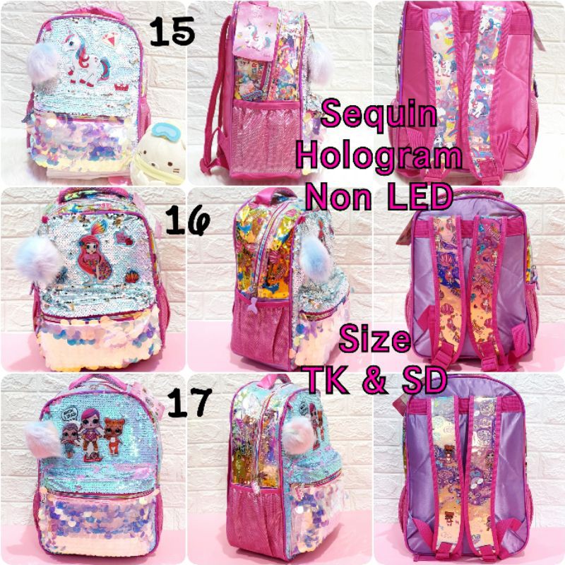 Tas Sekolah Anak Sequin Motif Gambar Frozen LOL Unicorn Ransel Sekolah Anak SD dan TK Sequin Usap Backpack Anak Perempuan dan Laki - Laki