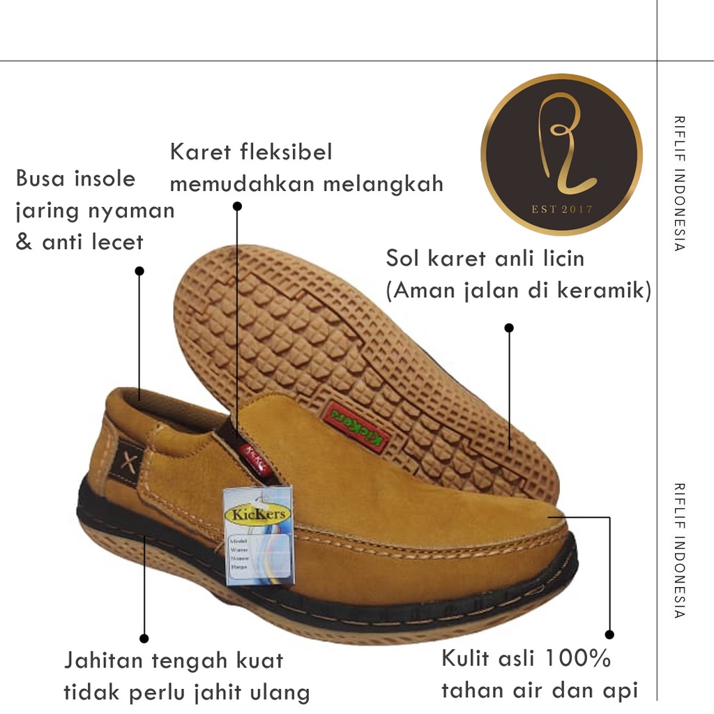 Sepatu Kickers / Sepatu Casual Pria Bahan Kulit Asli 100% Sol Karet Murah Keren Elegan / Sepatu Slip On Selop Laki-laki untuk Jalan-Jalan Santai Kerja Lapangan Traveling