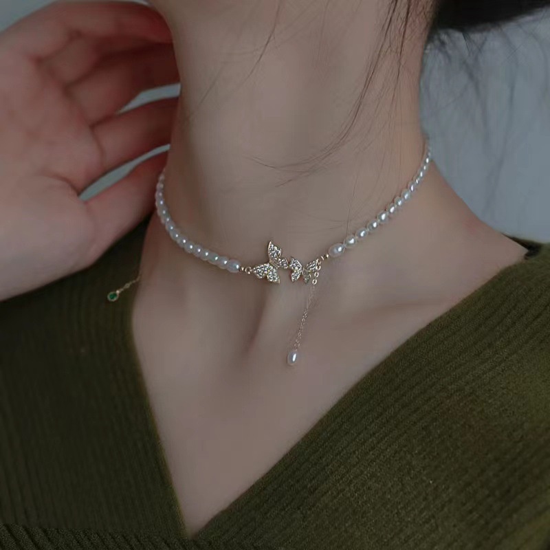 Kalung Mutiara Pearl Motif Kupu-Kupu Wanita Korea Aksesoris Bahan Alloy Kualitas Terbaik KLG56