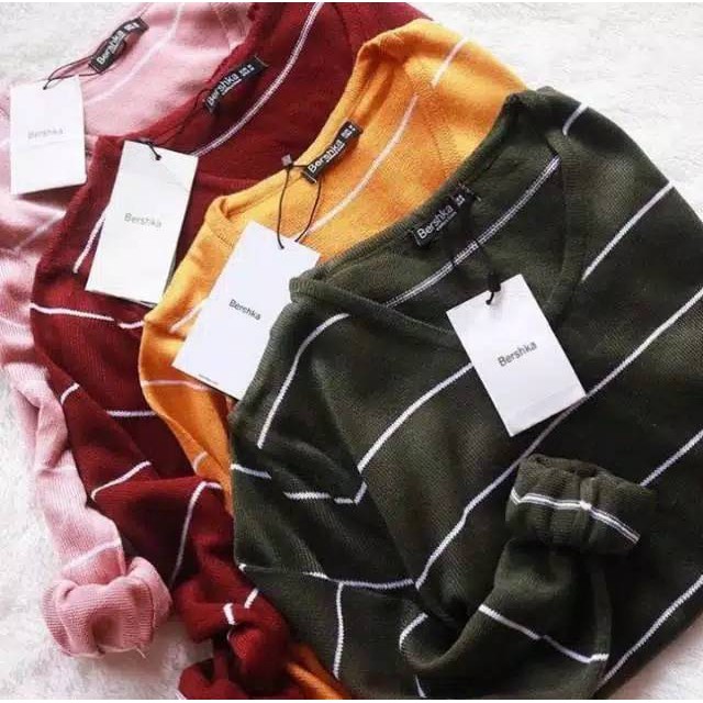 Top Knit Sweater Stripe - Atasan Sweater Rajut Garis Wanita - Sweater Kaos