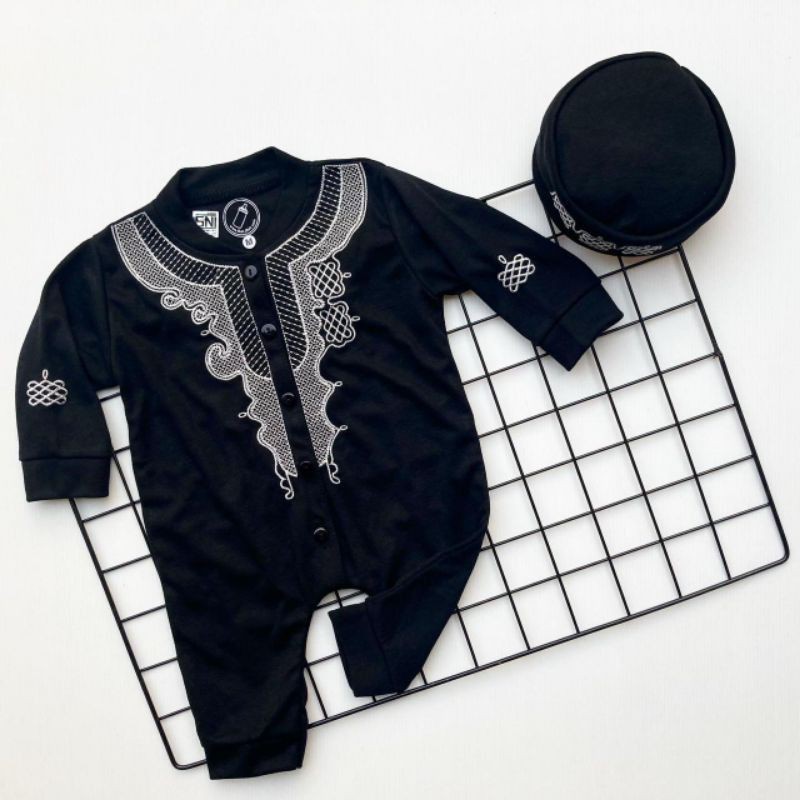 MAFAZABABY Set Jumper Romper Koko Bayi Baju Muslim Anak Bayi Laki-laki Newborn Koko Aqiqah(0-6bulan)-Hitam silver