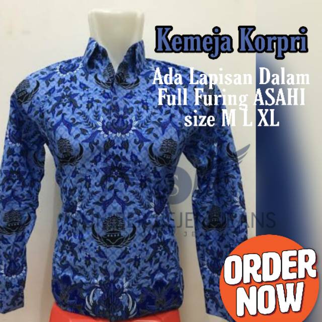 Kemeja Seragam Batik Korpri Pegawai PNS Biru Panjang Bahan Kain Register Resmi Full Furing Halus