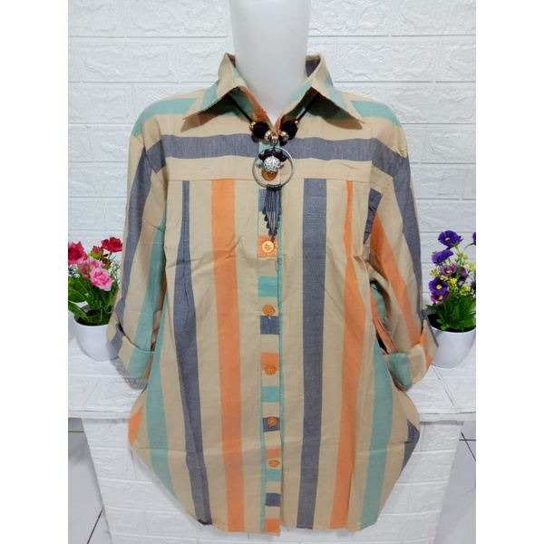 Kemeja wanita atasan motif salur bahan katun KM039A-2