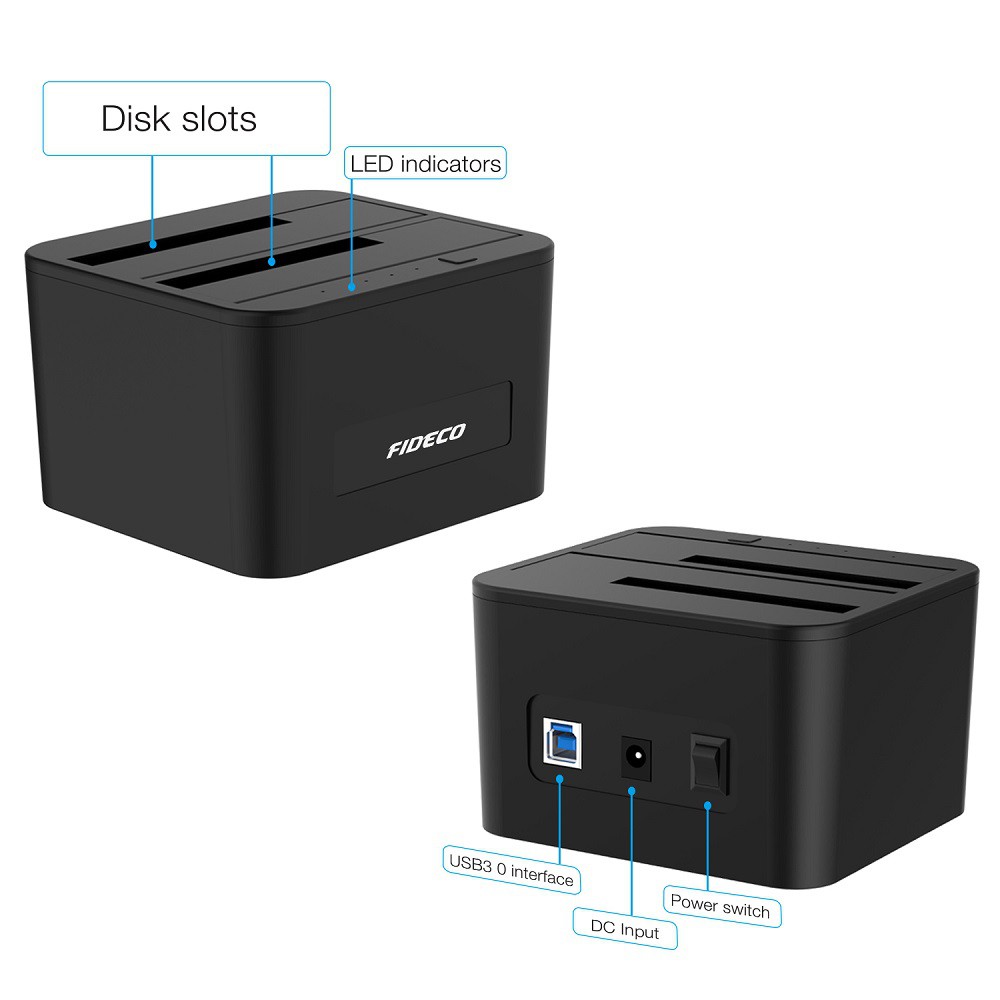 Docking Station Harddisk SSD 2 Bay Sata USB3.0 Cloning Dual Bay FIDECO