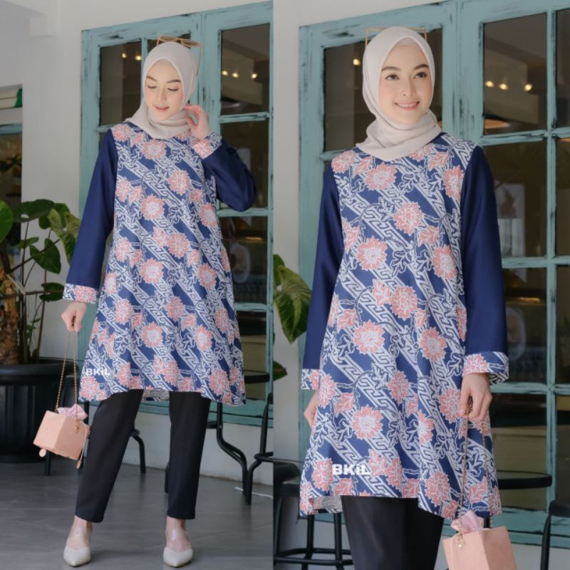 BKiL NEW DRESS TUNIK BATIK MOTIF BUNGA WARNA BIRU DONGKER NAVY FORMAL KERJA KANTOR SUPER JUMBO 5L