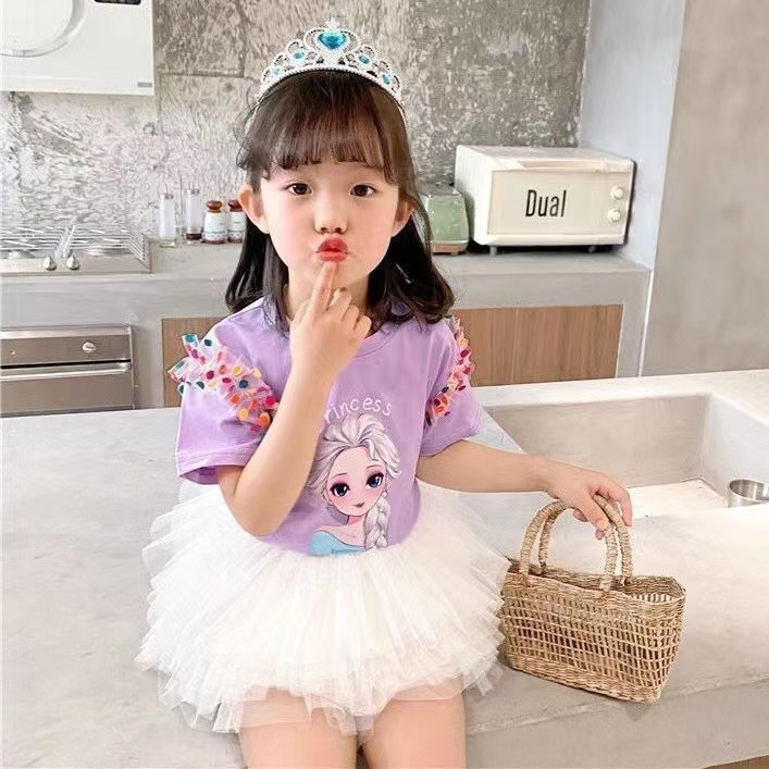 Baju Kaos Princess Anak Perempuan Impor Motif Elsa Aurora Cinderella Rainbow Sleeve