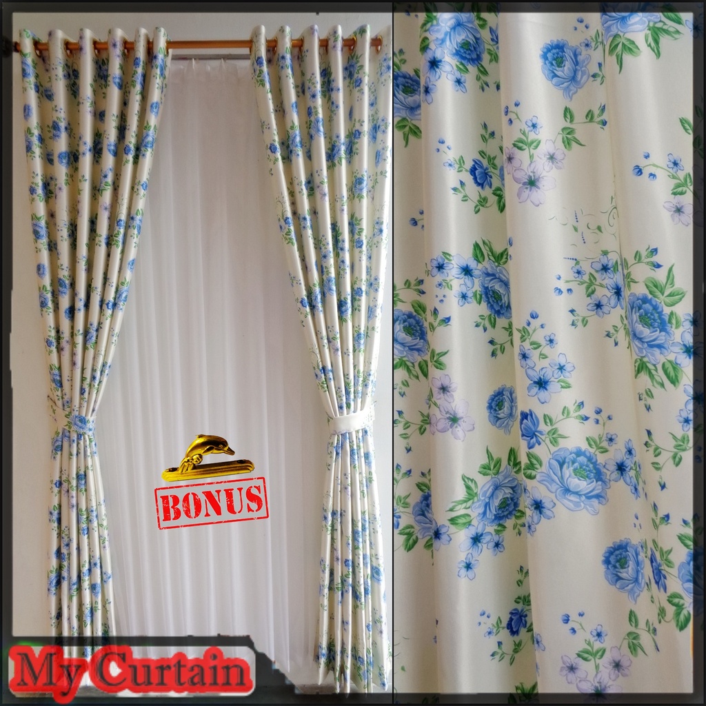 Tirai, gorden, hordeng blackout import model smokring motif bunga shaby chick biru