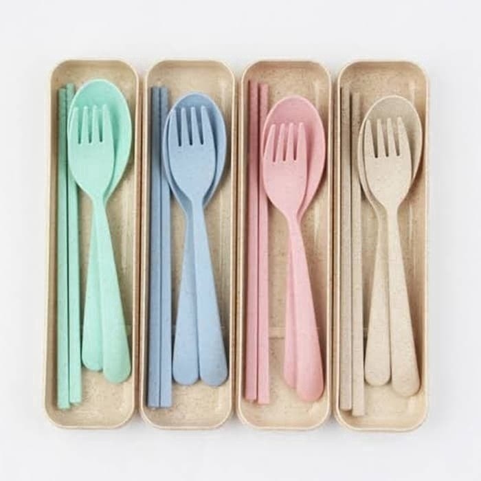 Sendok Set Jerami Alat Makan Souvenir Korean Sumpit Travel Gandum Unik Kado Lunch Box Kotak Makan-1