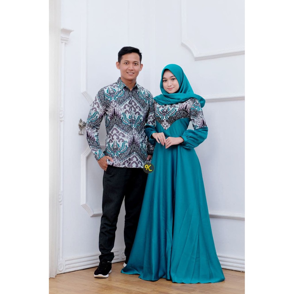 Gamis kombinasi polos dan motif ootd couple pasangan couple batik kombinasi polos