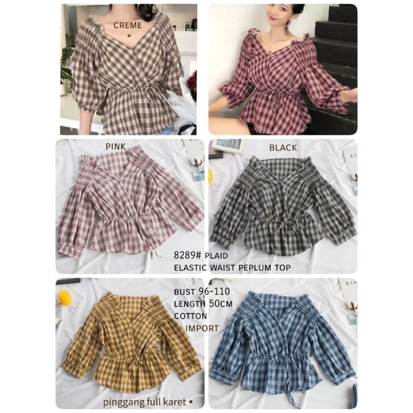 MDLV ~ 8289 PLAID ELASTIC WAIST PEPLUM TOP // ATASAN SABRINA LENGAN PANJANG // FASHION IMPORT WANITA