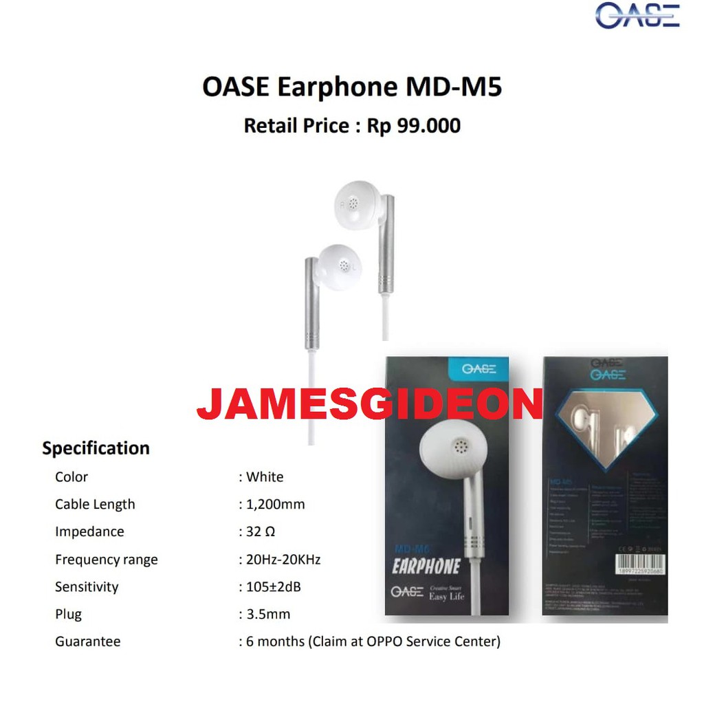 HEADSET EARPHONE OPPO OASE MD-M5 MD M5 GARANSI RESMI OPPO OASE 6 BULAN