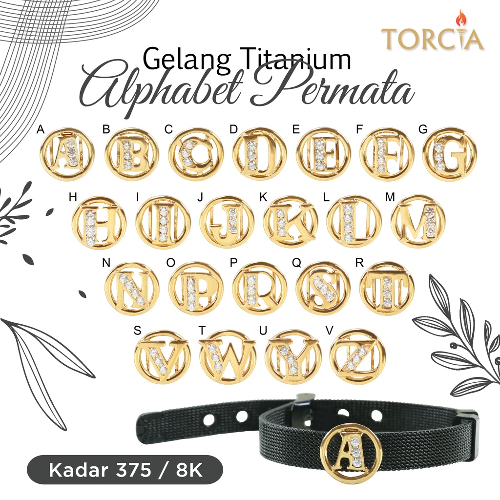 Gelang Titanium Charm Emas Asli Alphabet Huruf Permata Kadar 375 Torcia