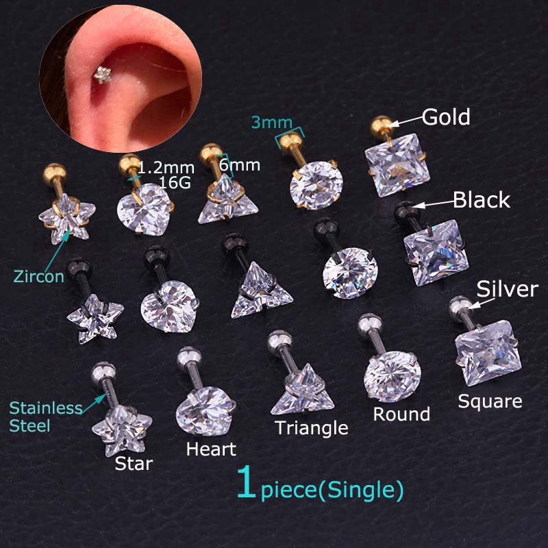 1piece 3/4/5/6mm Crystal Zircon Ear Cartilage Earrings Tragus Helix Piercing 16G