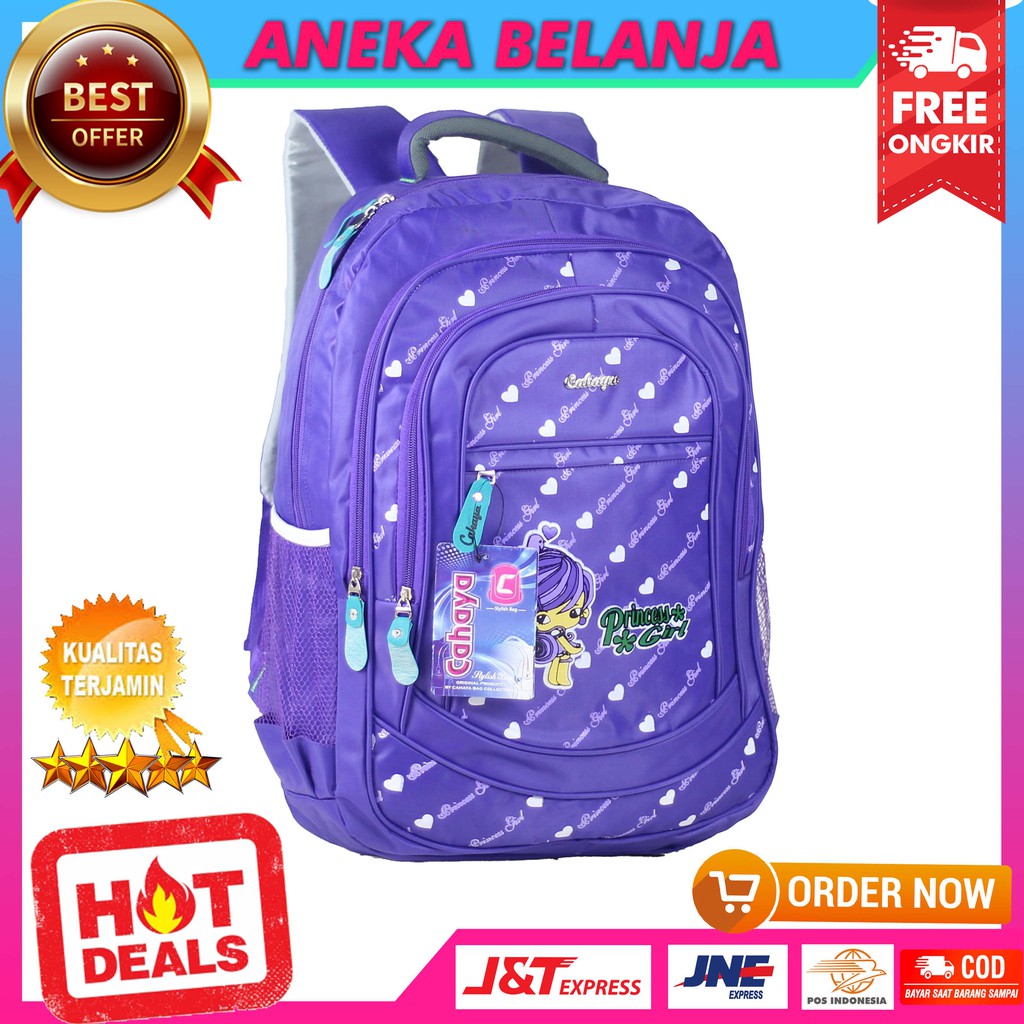 Tas Gendong Cahaya Princess Ungu Ransel Sekolah SD SMP Free Raincover Tas Sekolah Cewek Berkualitas