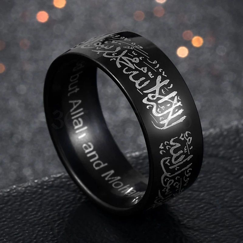 Cincin Tauhid Syahadat Hitam gold Titanium ukir kaligrafi Anti Luntur