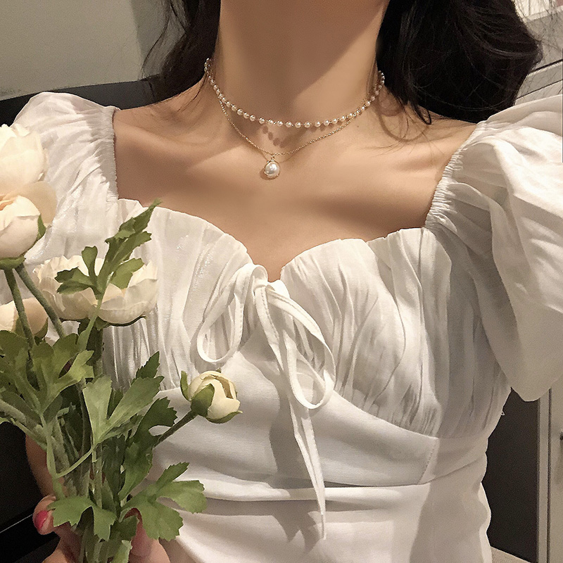 Women Fashion Retro Pearl Metal Korean Style Lock Necklace Multilayer Pendant Gold Chain Choker Jewelry Accessories