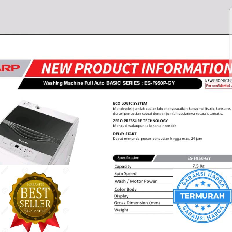 Promo Sharp ES-F950P-GY Mesin Cuci Top Loading 7.5 Kg ESF950 Otomatis Murah