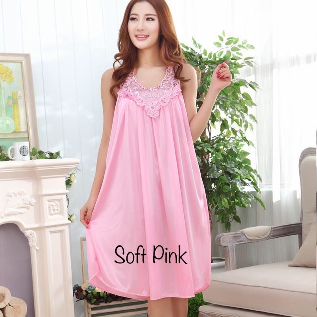 SH210 Baju Tidur Dress Baby Doll Piyama Satin Sutra Motif Happy / Pakaian Tidur Lembut