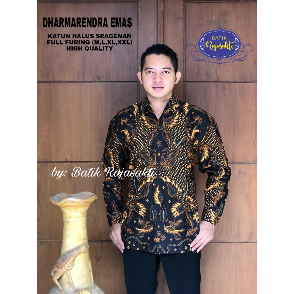 DHARMARENDRA EMAS Atasan Baju Kemeja Batik Pria Lengan Panjang PREMIUM LAPIS FURING Rajasakti SOLO