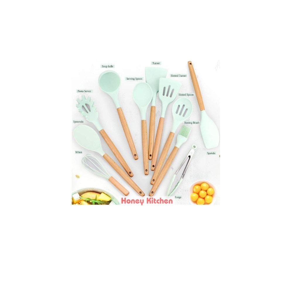 HONEY KITCHEN PREMIUM SILICONE KITCHEN UTENSIL SET 11 PCS GAGANG KAYU