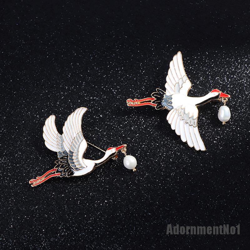 (Adornmentno1) 1pc Bros Pin Enamel Desain Burung Bangau Hias Mutiara Gaya Vintage Untuk Wanita