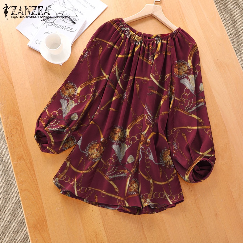 ZANZEA Women Long Sleeve O-Neck Back Buttons Vintage Print Pleated Loose Blouse