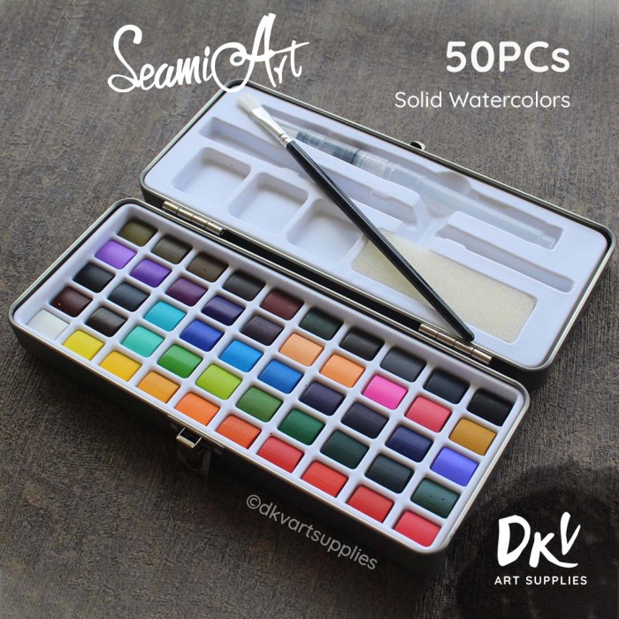 

(TERLARIS) Seamiart 50 Warna Colors Solid Watercolor Cat Air Tin Box Set - 50 Warna