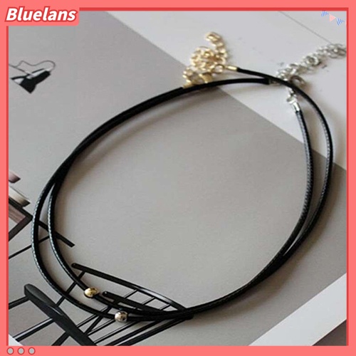 Kalung Choker Bahan Kulit Imitasi Aksen Manik-Manik Bulat Untuk Wanita