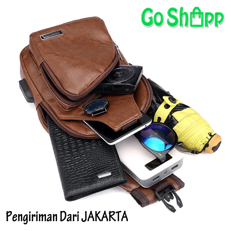Tas Pria Import Kulit Dengan Port USB - Tas Sling Bag Cowok Import Kulit PU High Quality [TP01]