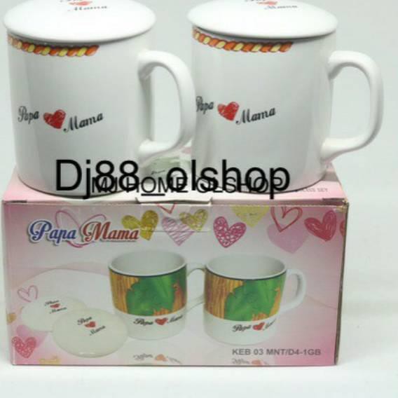 HLN (Set isi 2 pcs) Mug Keramik Papa/Mama + Tutup(kecil) 
