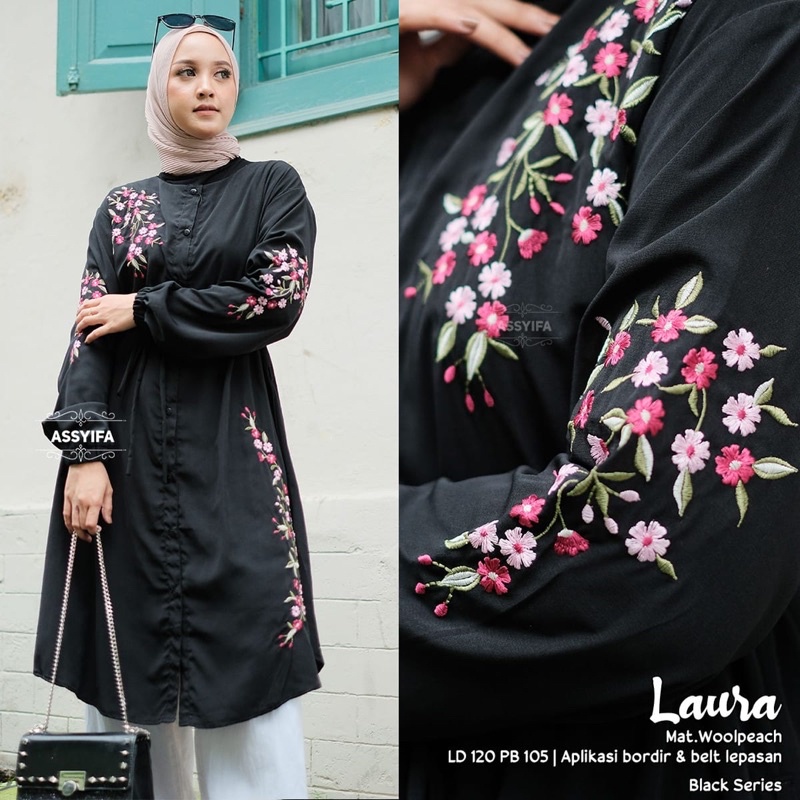 Laura venna tunik atasan wanita hijab murah polos bordir tali ori solo hitam putih print kaos babyte
